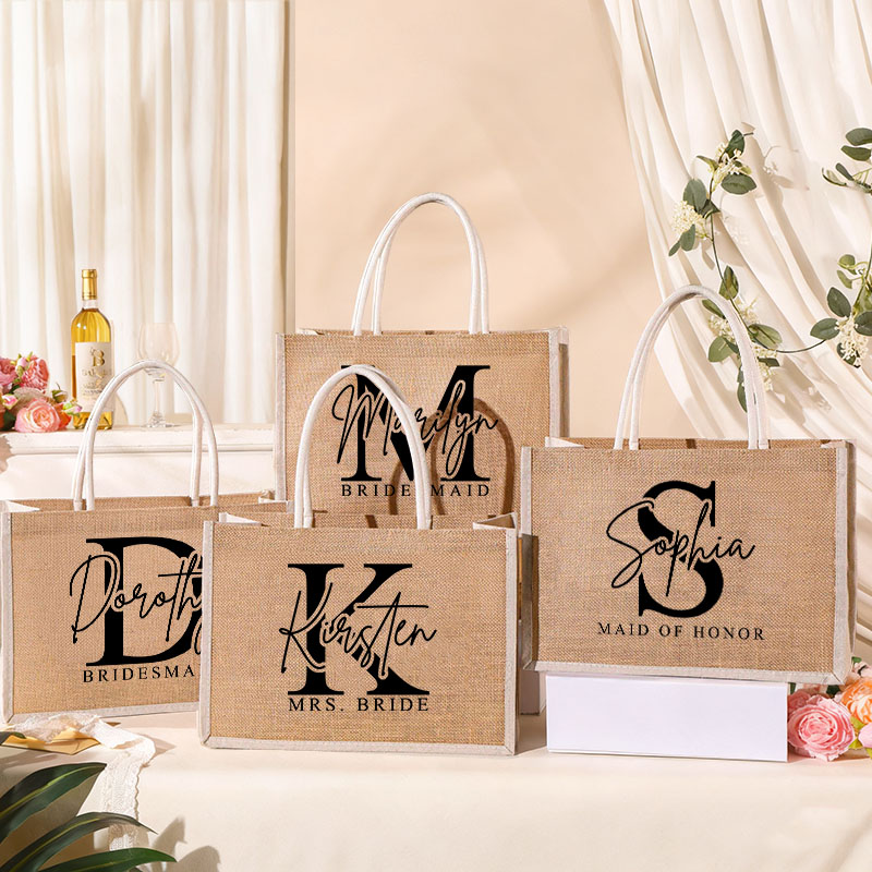 Personalized Bridesmaid Burlap Tote Bag Custom Bride Initials Tote Bag with White Side Wedding Jute Beach Bag Bridal Shower Bachelorette Party Gift