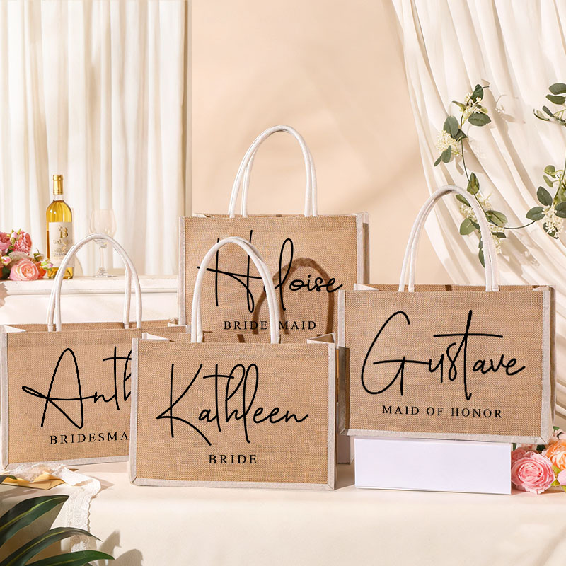 Personalized Bridesmaid Burlap Tote Bag Custom Bride Name Tote Bag with White Side Wedding Jute Beach Bag Bridal Shower Bachelorette Party Gift