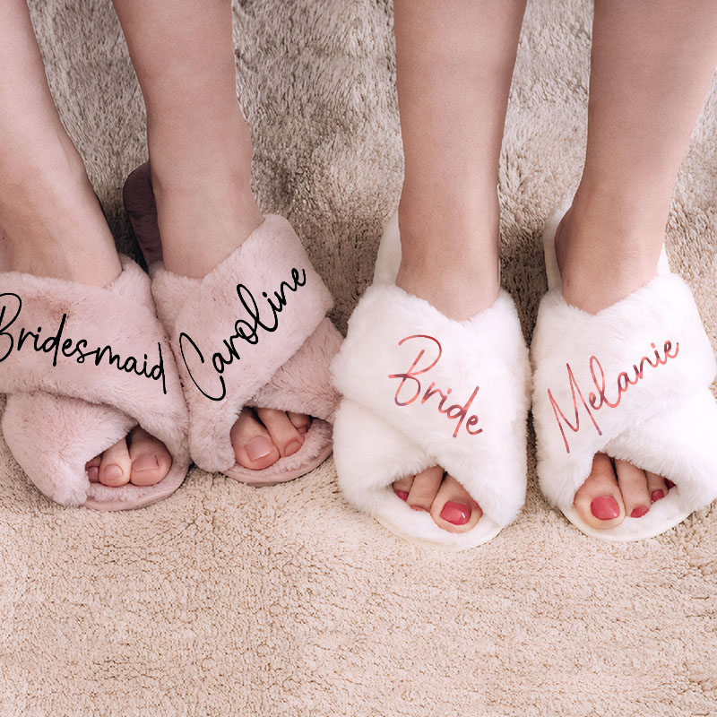 Personalized Bridesmaid Fluffy Slippers Custom Bride Name Fluffy Slipper Maid of Honor Slippers Bridal Shower Gift for Her Bachelorette Party Gift