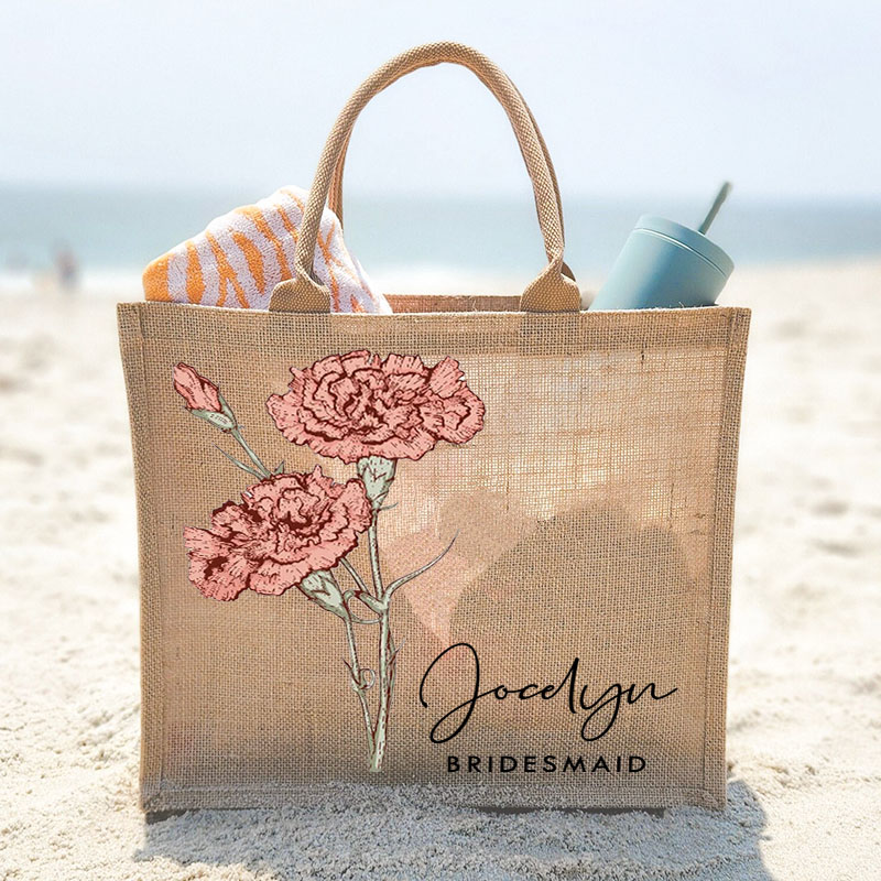 Personalized Bridesmaid Birth Flower Burlap Tote Bag Custom Bride Month Flower Wedding Beach Jute Tote Bag Bachelorette Party Favor Bridal Shower Gift