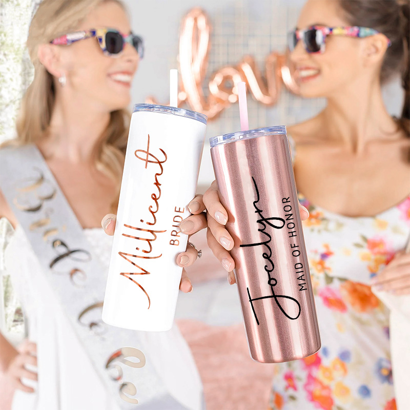 Personalized Bridesmaid 20oz Skinny Tumbler with Lid and Straw Wedding Bride Name with Heart Tumbler Maid of Honor Bachelorette Party Gift for Her