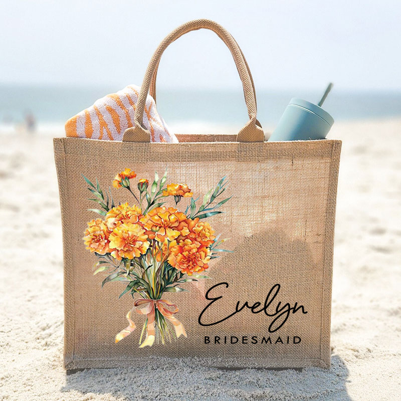 Personalized Bridesmaid Elegant Birth Flower Burlap Tote Bag Bride Month Flower Wedding Beach Jute Tote Bag Bachelorette Party Bridal Shower Gift