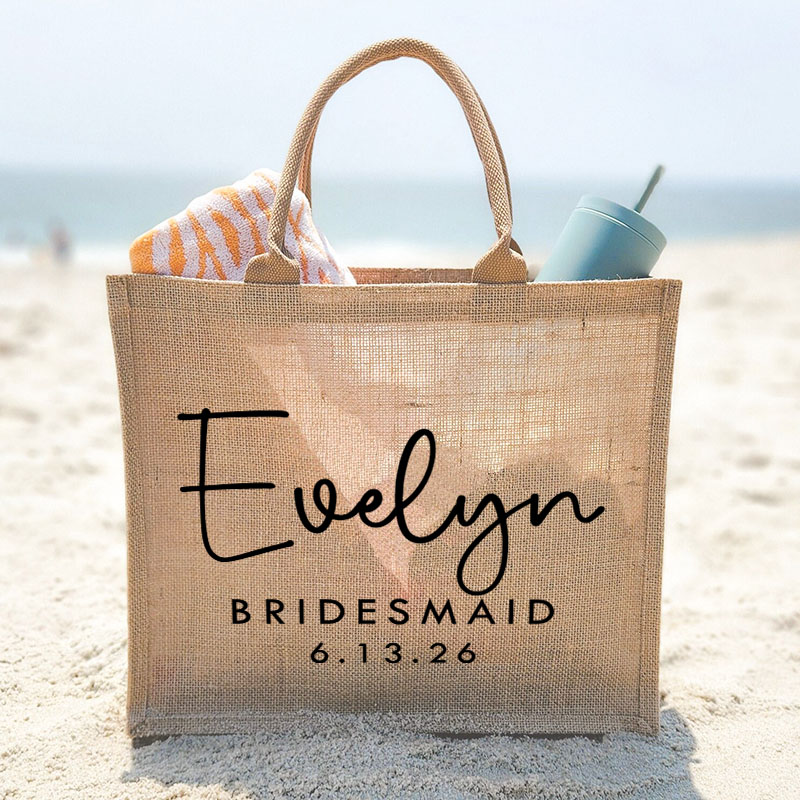 Personalized Bridesmaid Burlap Tote Bag Custom Bride Jute Tote Bag Wedding Date Beach Tote Bag Bachelorette Party Favors Bridal Shower Gift