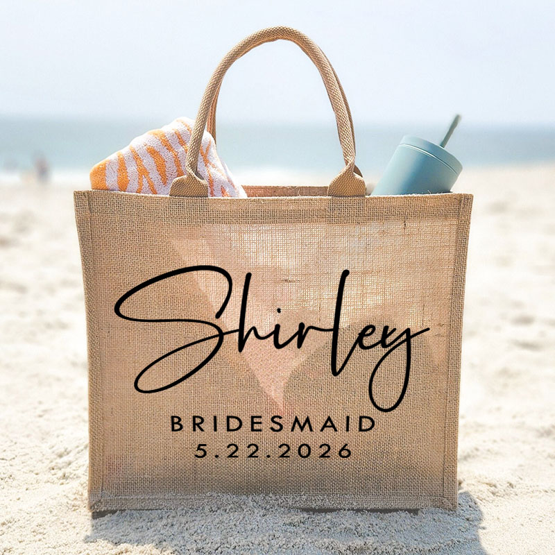 Personalized Minimalist Bridesmaid Burlap Tote Bag Custom Bride Name Jute Tote Bag Wedding Date Beach Bag Bachelorette Party Favors Bridal Shower Gift