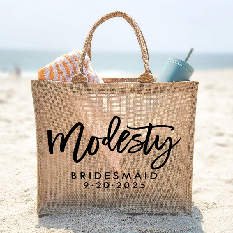 Personalized Bridesmaid Boho Burlap Tote Bag Custom Bride Name Jute Tote Bag Wedding Date Beach Bag Bachelorette Party Favors Bridal Shower Gift