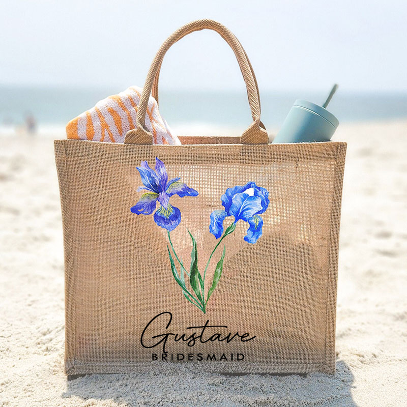Personalized Bridesmaid Birth Flower Burlap Tote Bag Custom Bride Month Flower Beach Bag Wedding Jute Tote Bag Bachelorette Party Bridal Shower Gift