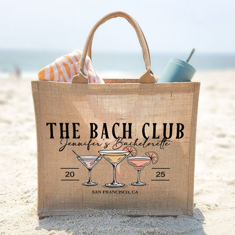 Personalized Bridesmaid Cocktail The Bach Club Burlap Tote Bag Custom Bride Beach Bag Wedding Jute Tote Bag Bachelorette Party Bridal Shower Gift