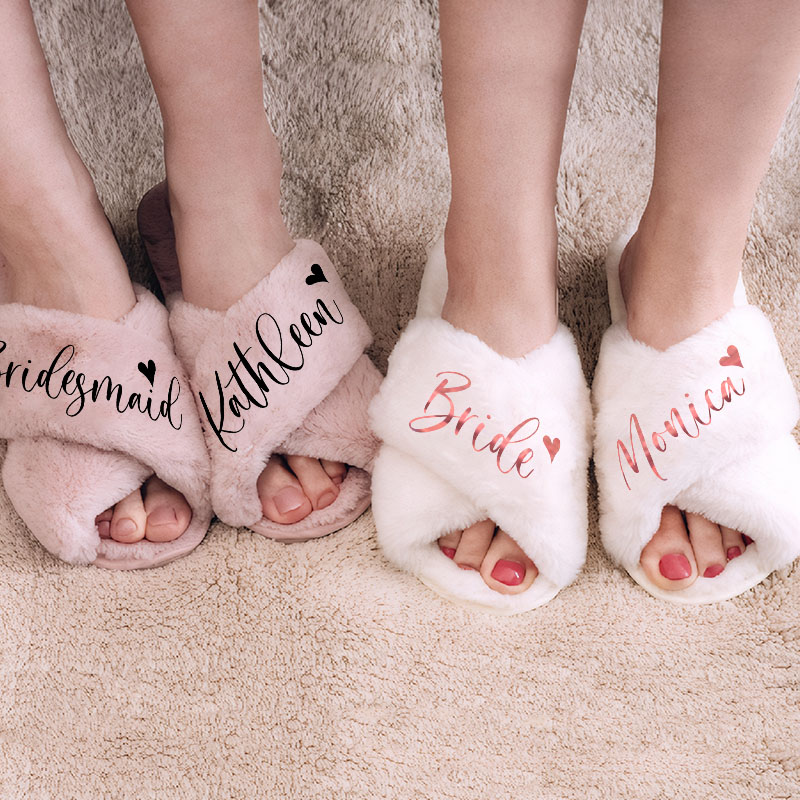 Personalized Bridesmaid Fluffy Slippers Custom Bride Name and Heart Slipper Maid of Honor Slippers Bridal Shower Gift Bachelorette Party Gift for Her
