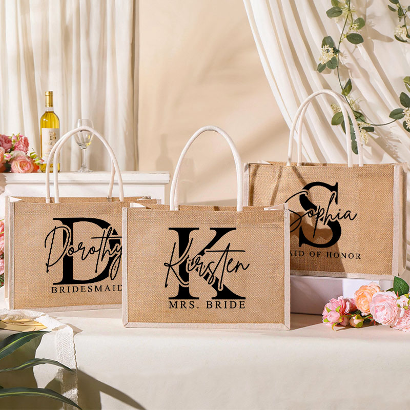Personalized Bridesmaid Burlap Tote Bag Custom Bride Initials Tote Bag with White Side Wedding Jute Beach Bag Bridal Shower Bachelorette Party Gift