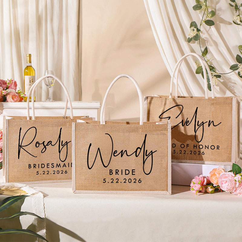 Personalized Bridesmaid Burlap Tote Bag Custom Bride Name Tote Bag with White Side Wedding Date Jute Beach Bag Bridal Shower Bachelorette Party Gift