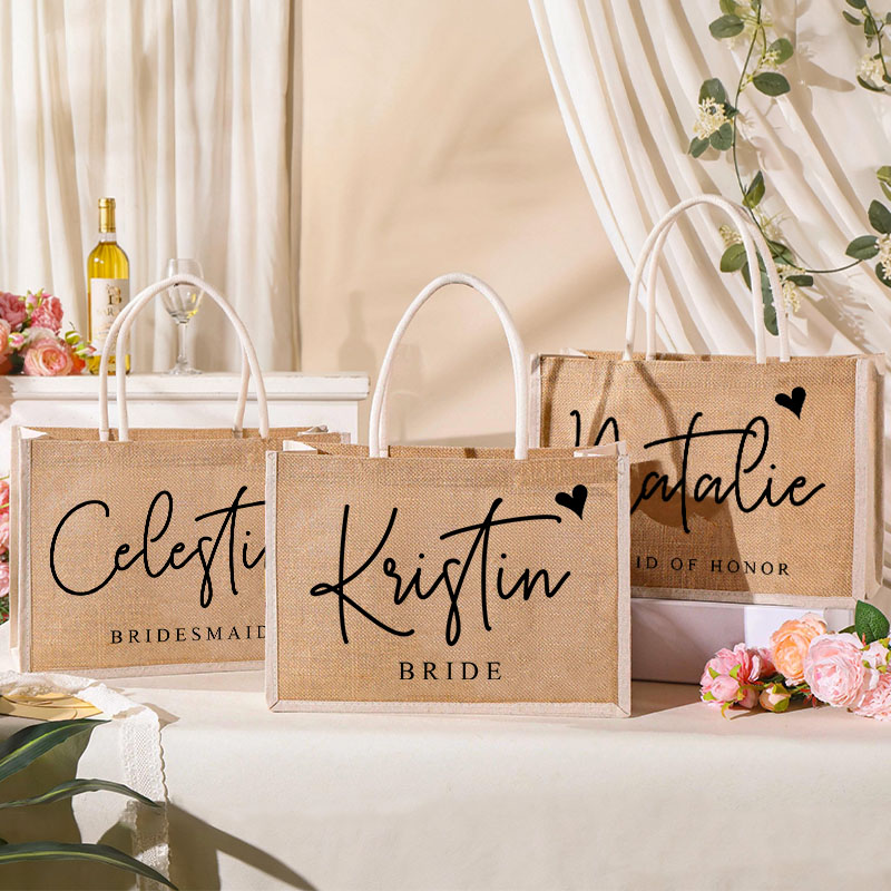Personalized Bridesmaid Burlap Tote Bag Custom Bride Name with Heart Tote Bag Wedding Jute Beach Bag Bridal Shower Gift Bachelorette Party Favors