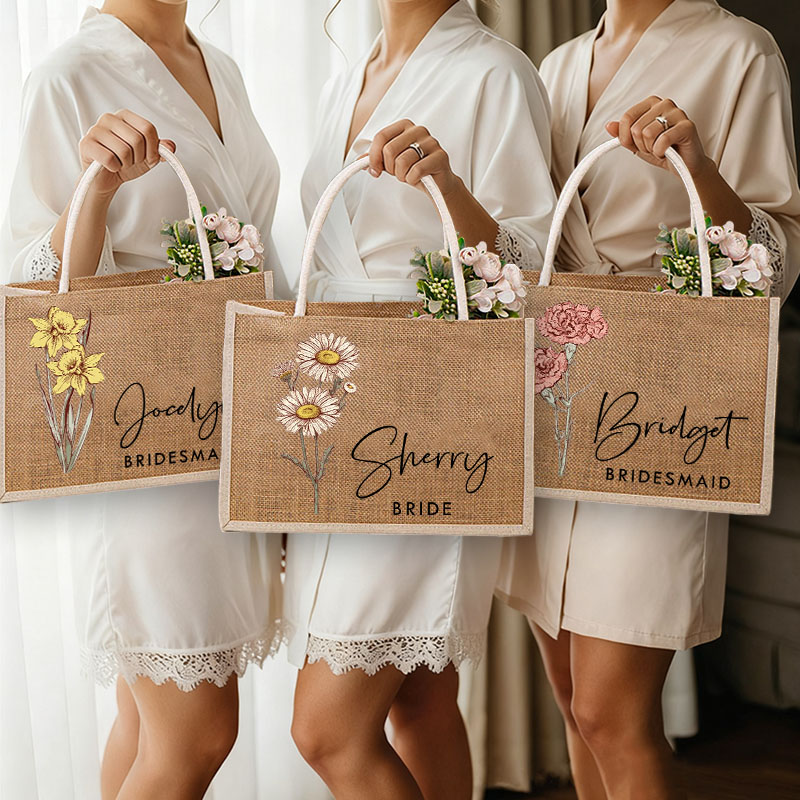 Personalized Bridesmaid Birth Flower Burlap Tote Bag Custom Bride Month Flower Tote Bag Wedding Jute Beach Bag Bachelorette Party Bridal Shower Gift