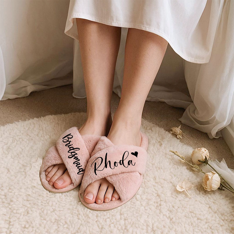Personalized Bridesmaid Fluffy Slippers Custom Bride Name and Heart Slipper Maid of Honor Slippers Bridal Shower Gift Bachelorette Party Gift for Her