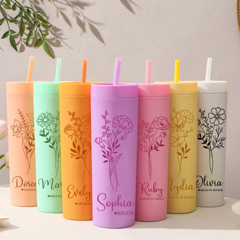 Personalized Bridesmaid Birth Flower 16oz Skinny Tumbler Custom Bride Month Flower Wedding Tumbler Maid of Honor Bachelorette Party Bridal Shower Gift