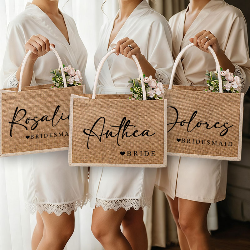 Personalized Bridesmaid Burlap Tote Bag with White Side Bride Title with heart Tote Bag Wedding Jute Beach Bag Bridal Shower Bachelorette Party Gift