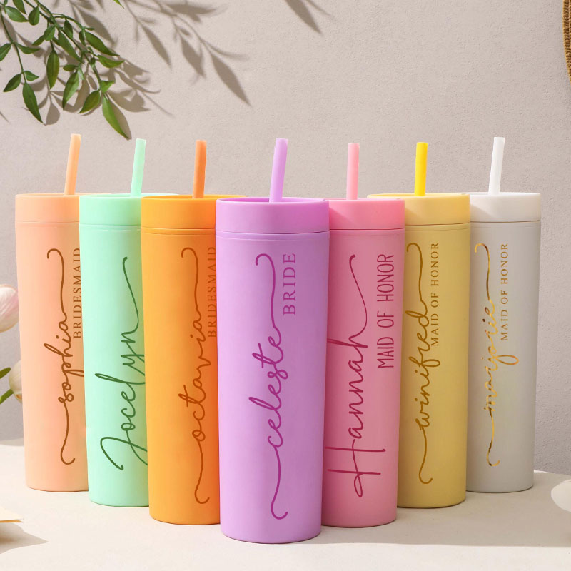 Personalized Minimalist Bridesmaid 16oz Skinny Tumbler Custom Bride Name Wedding Tumbler Maid of Honor Bachelorette Party Favor Bridal Shower Gift