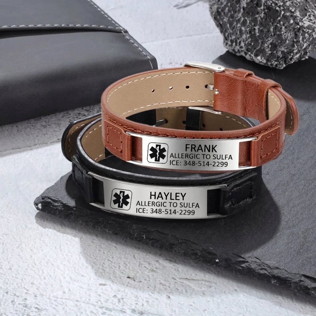 Personalized Adjustable Medical Alert ID Bracelet for Men - Engraved Leather & Steel - Emergency Contact SOS Medic
