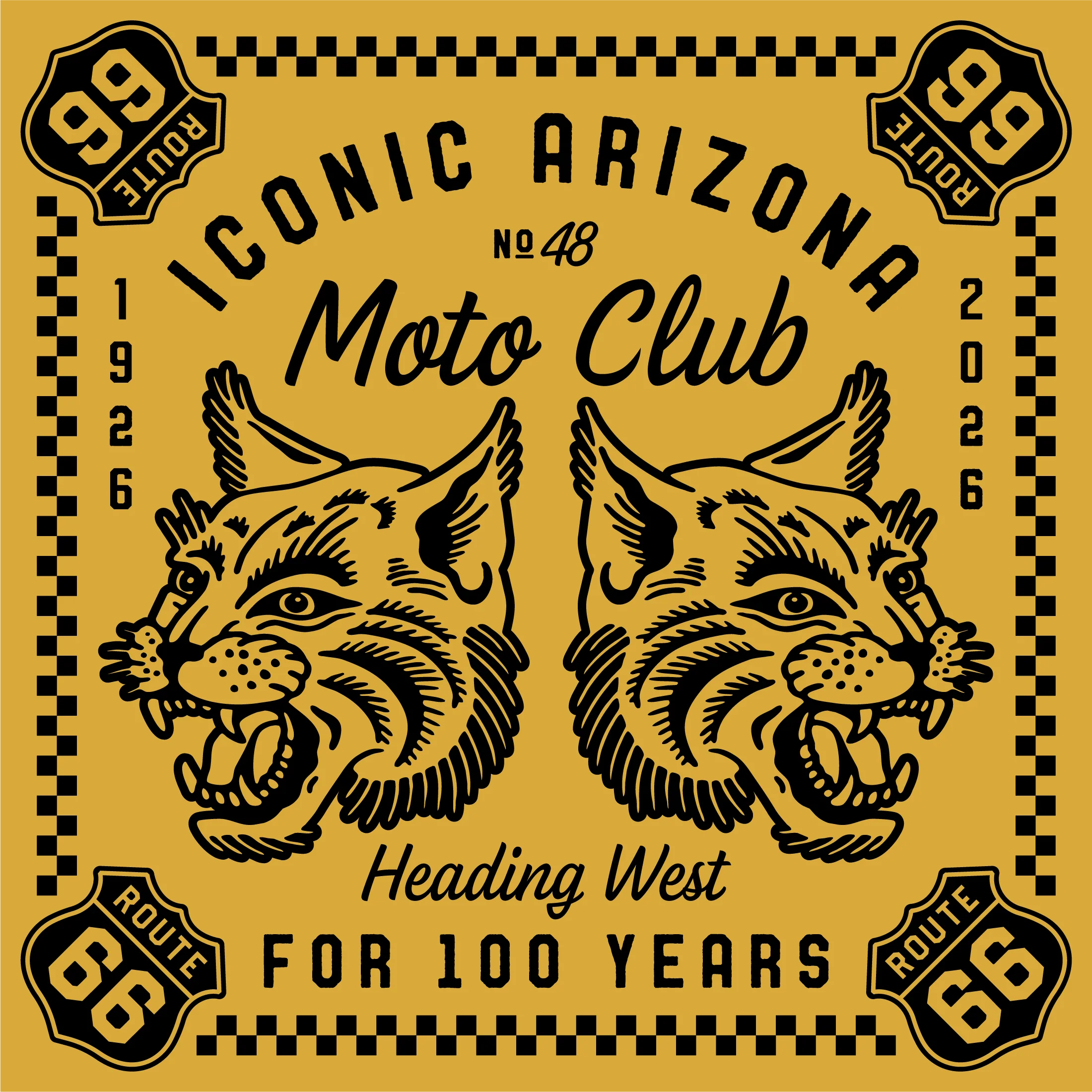 Retro Yellow Route 66 Arizona Moto Club 100 Year Anniversary Wildcat Bandana, Motorcycle Biker Neck Scarf Head Wrap