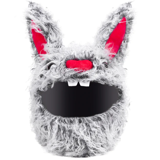 Creepy Evil Grey Bunny Plush Motorcycle Helmet Cover, Cartoon Rabbit Helmet Sleeve for Full Face Helmets