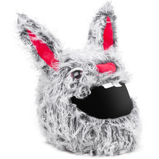 Creepy Evil Grey Bunny Plush Motorcycle Helmet Cover, Cartoon Rabbit Helmet Sleeve for Full Face Helmets
