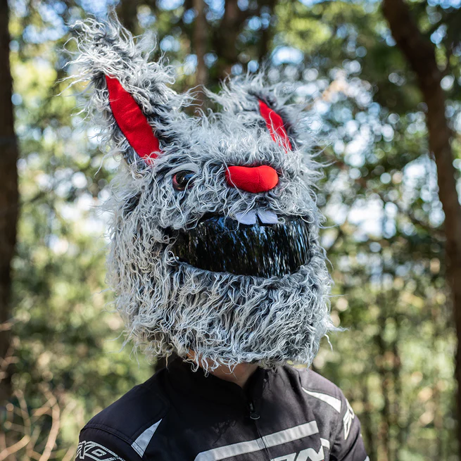 Creepy Evil Grey Bunny Plush Motorcycle Helmet Cover, Cartoon Rabbit Helmet Sleeve for Full Face Helmets