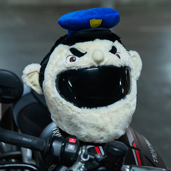 Funny Policeman Cop Plush Motorcycle Helmet Cover, Cartoon Officer Helmet Sleeve for Full Face Helmets