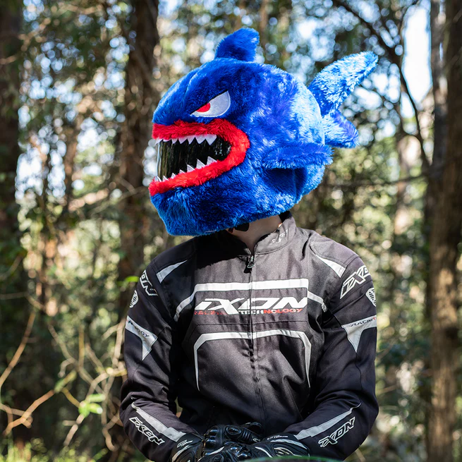 Funny Blue Shark Monster Plush Motorcycle Helmet Cover, Cartoon Helmet Sleeve Decor for Full Face Helmets