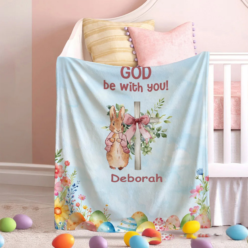 Personalized God Be with You Floral Easter Eggs Bow Cross Rabbit Soft Throw Blanket with Name Home Decor Easter Gift for Christians