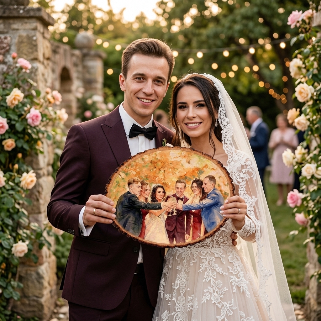 Personalized Photo Print Basswood Keepsake Custom Watercolor Photo Art on Wood Slice Engraved Log Slice Gift for Couple Photo Gift for Her Him