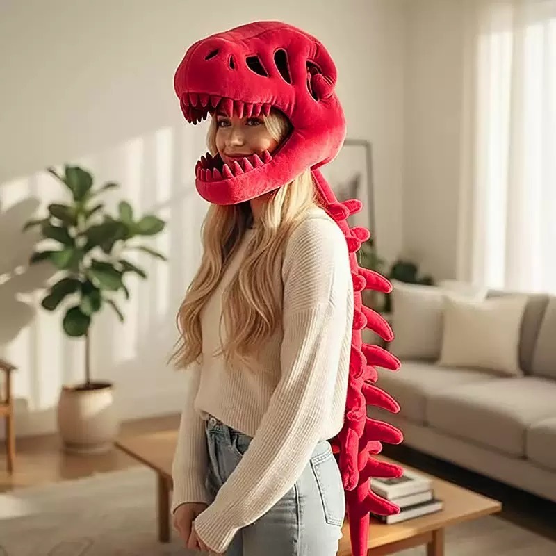 3D Dinosaur Skeleton Plush Hat with Long Spine Tail, Funny Giant Dino Bone Headwear, Halloween Cosplay Costume Novelty Photo Prop Party Dress-up Accessory