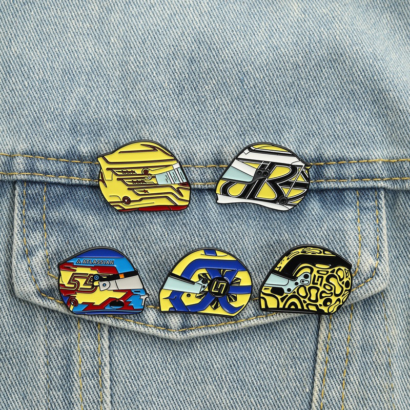 Grand Prix Racing Helmet Enamel Pin Set, Driver Helmet Fan Art Lapel Badges