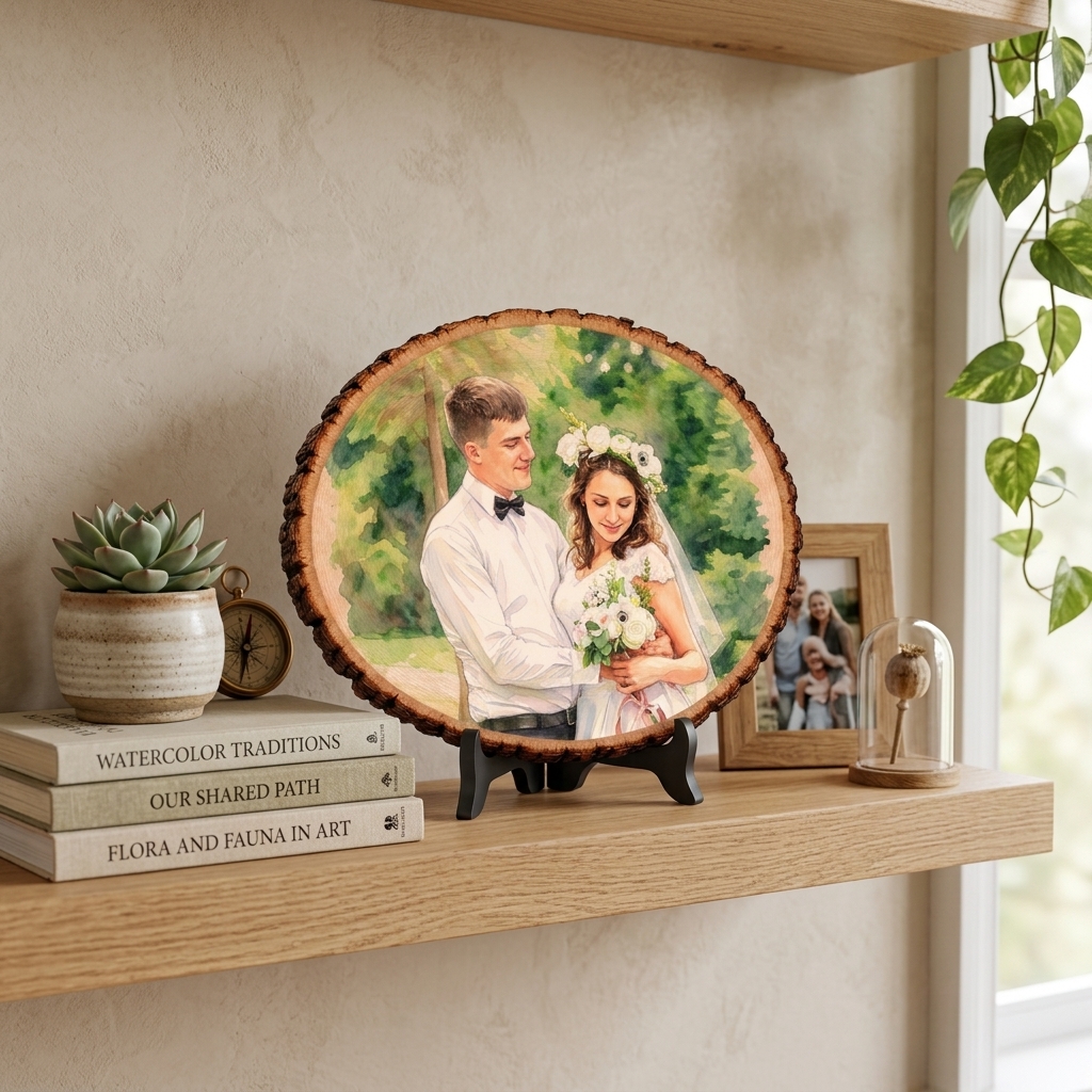 Personalized Photo Print Basswood Keepsake Custom Watercolor Photo Art on Wood Slice Engraved Log Slice Gift for Couple Photo Gift for Her Him