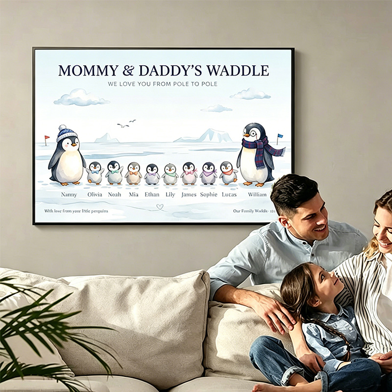 Personalized Penguin Family Poster Frameless Framed Painting with 2-10 Names Home Decor Birthday Mother's Day Father's Day Gift for Mom Dad