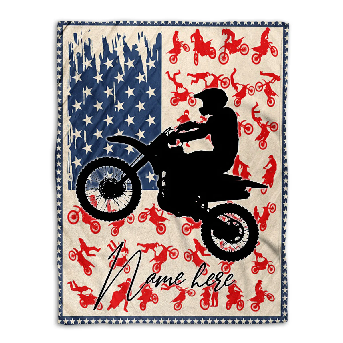 Personalized American Flag Dirt Bike Motocross Custom Name Fleece Throw Blanket