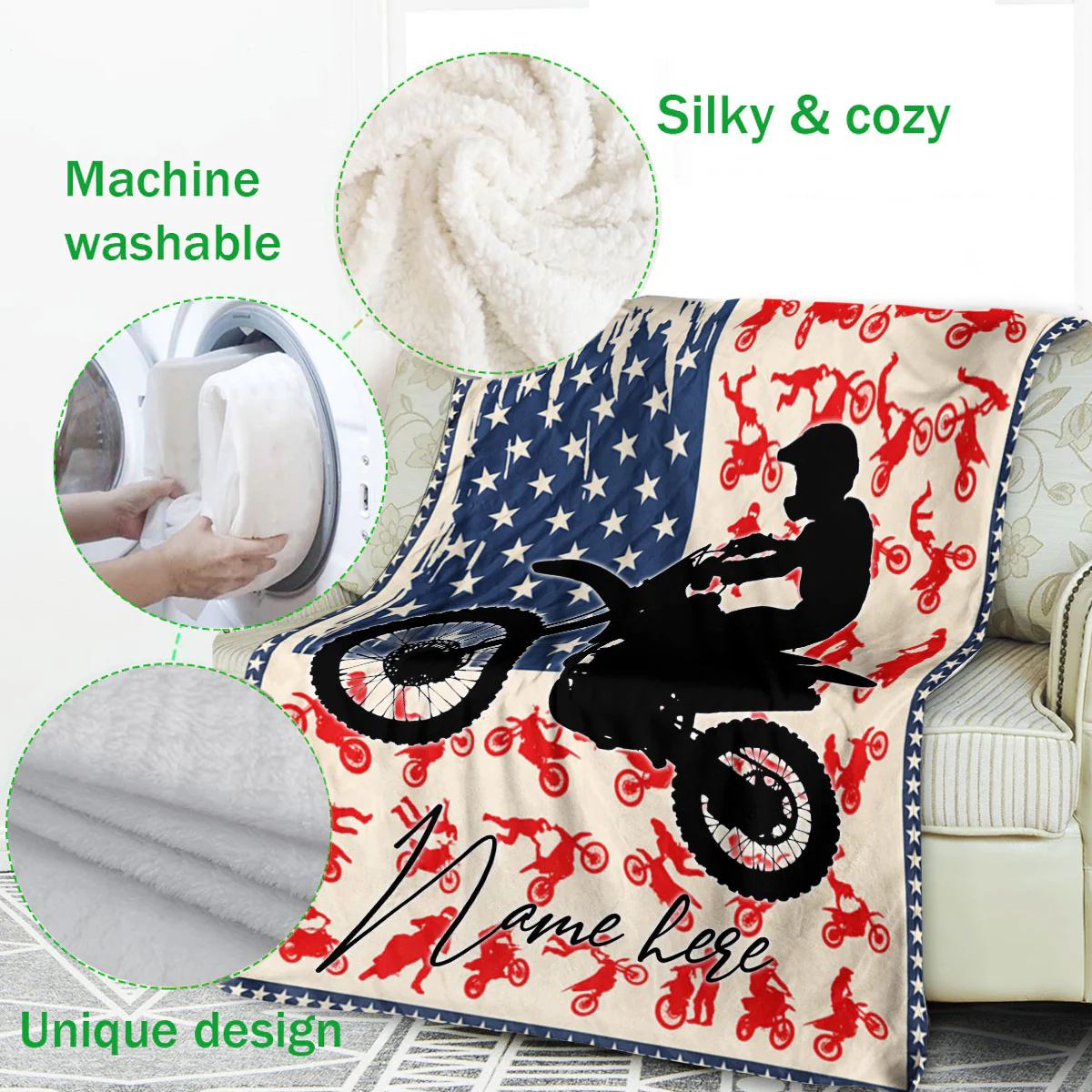 Personalized American Flag Dirt Bike Motocross Custom Name Fleece Throw Blanket