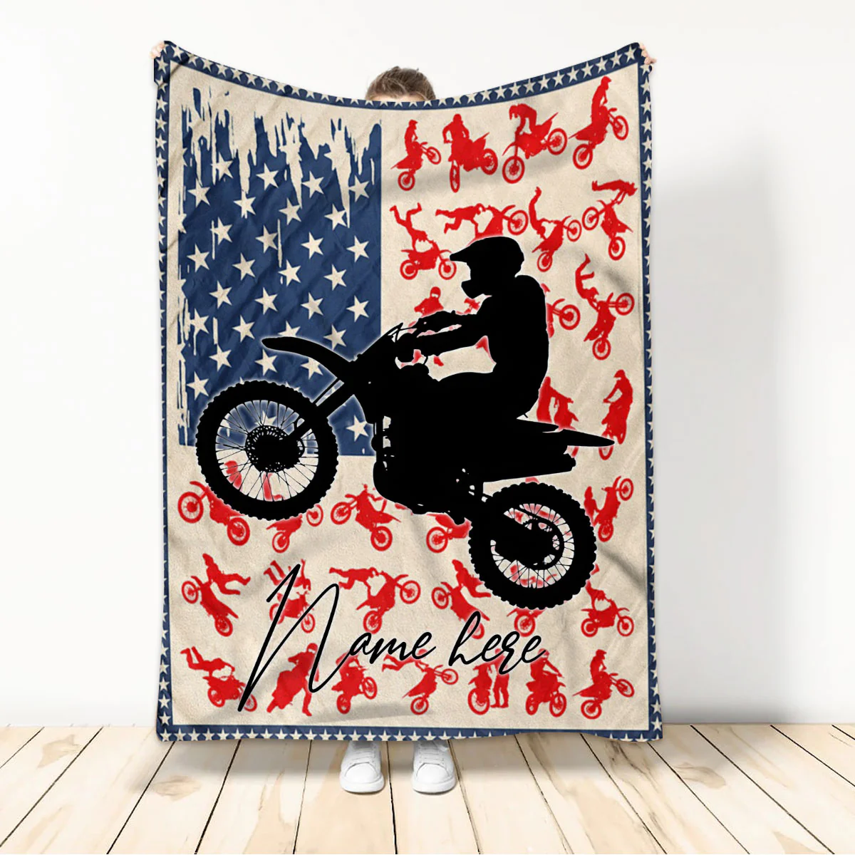 Personalized American Flag Dirt Bike Motocross Custom Name Fleece Throw Blanket