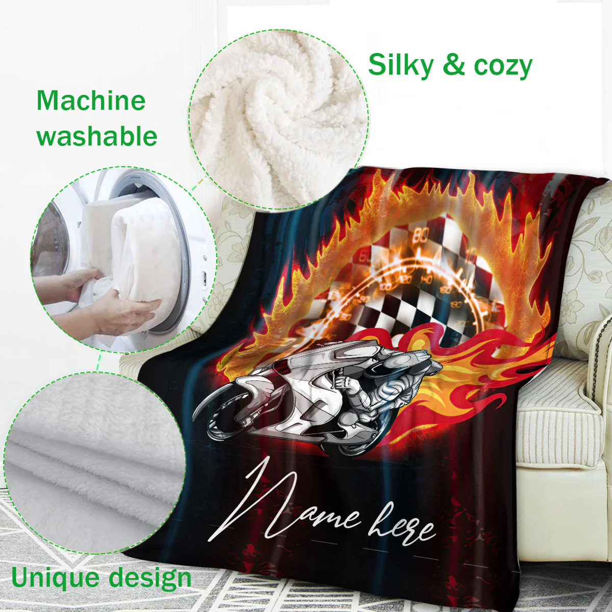 Personalized Flaming Superbike Racing Custom Name Soft Throw Blanket