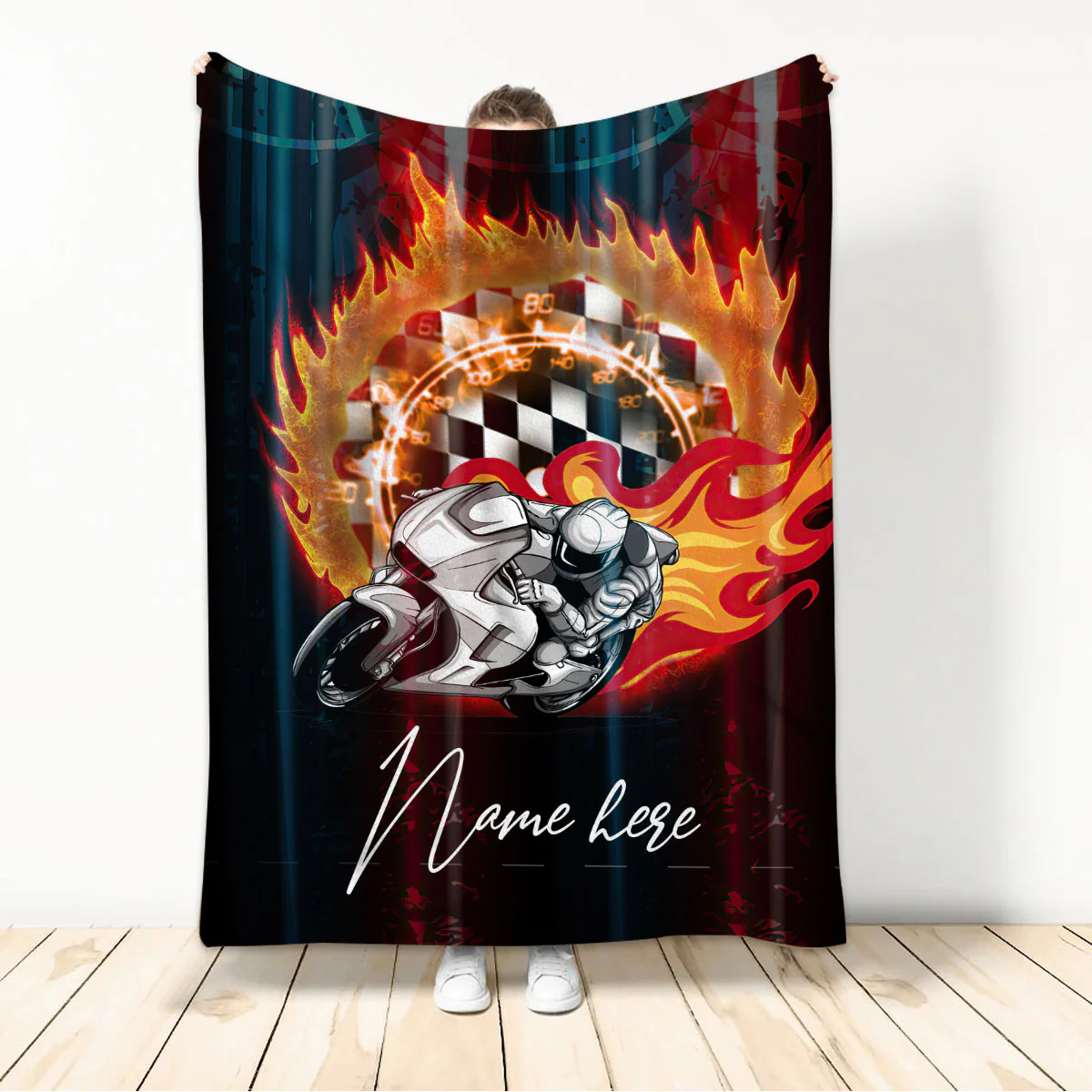 Personalized Flaming Superbike Racing Custom Name Soft Throw Blanket