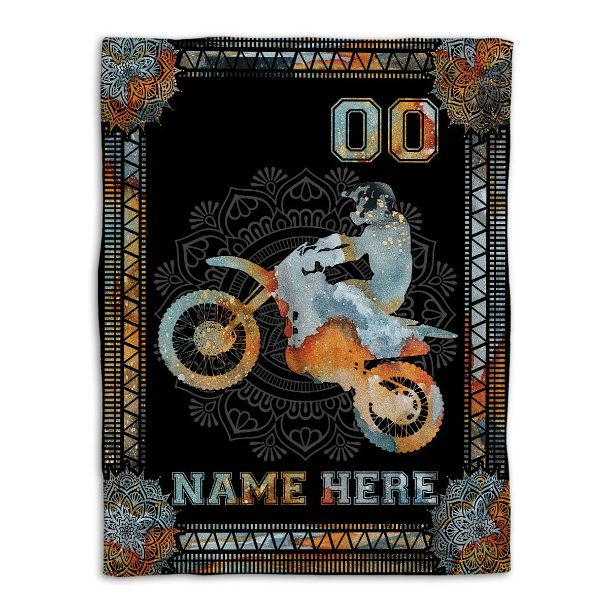 Personalized Mandala Watercolor Dirt Bike Custom Name & Racing Number Throw Blanket