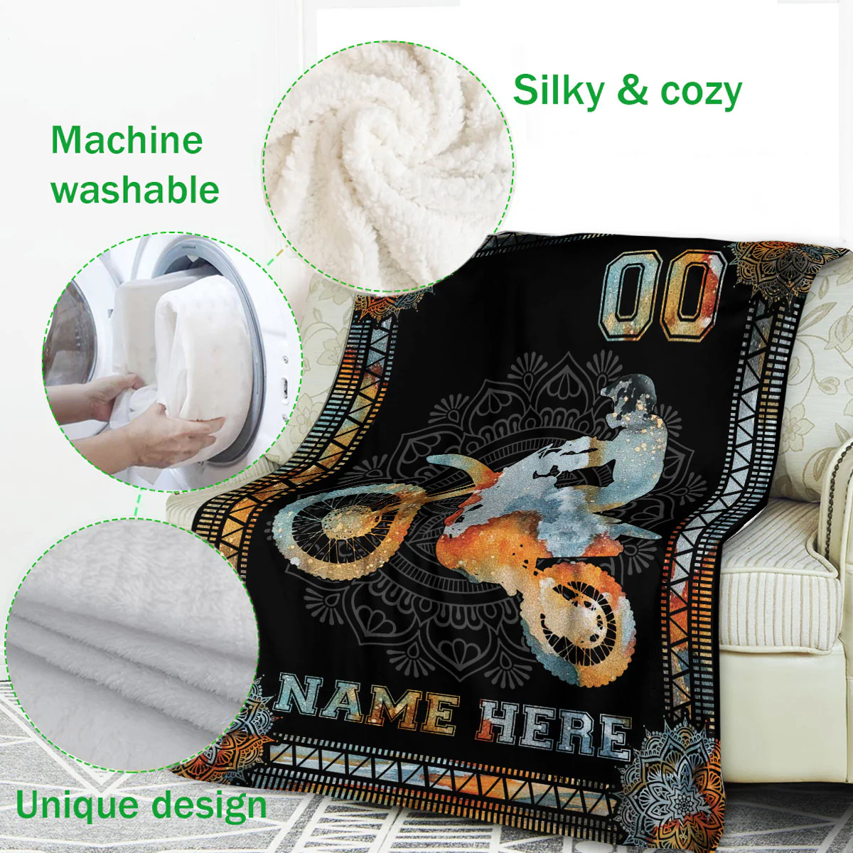 Personalized Mandala Watercolor Dirt Bike Custom Name & Racing Number Throw Blanket