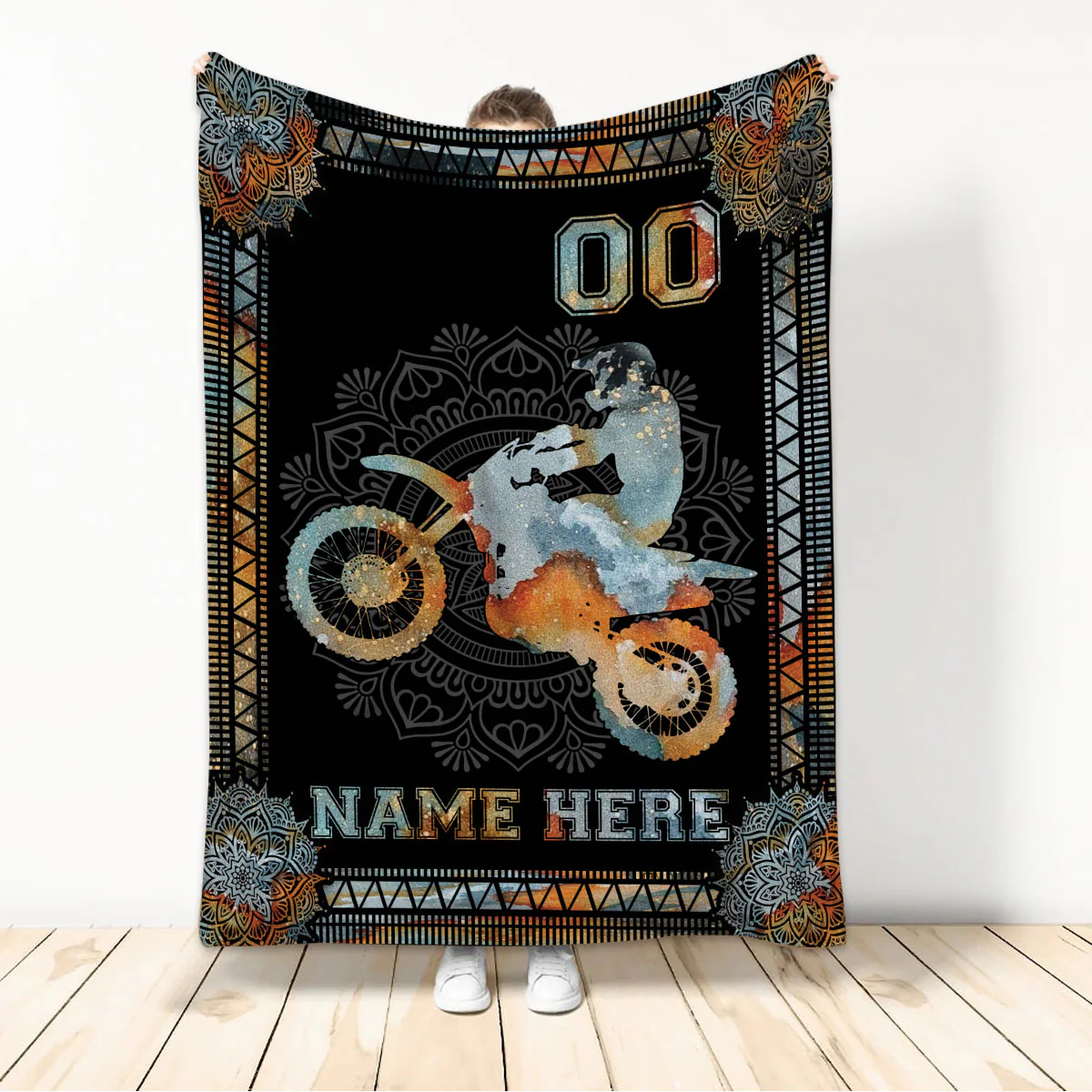 Personalized Mandala Watercolor Dirt Bike Custom Name & Racing Number Throw Blanket