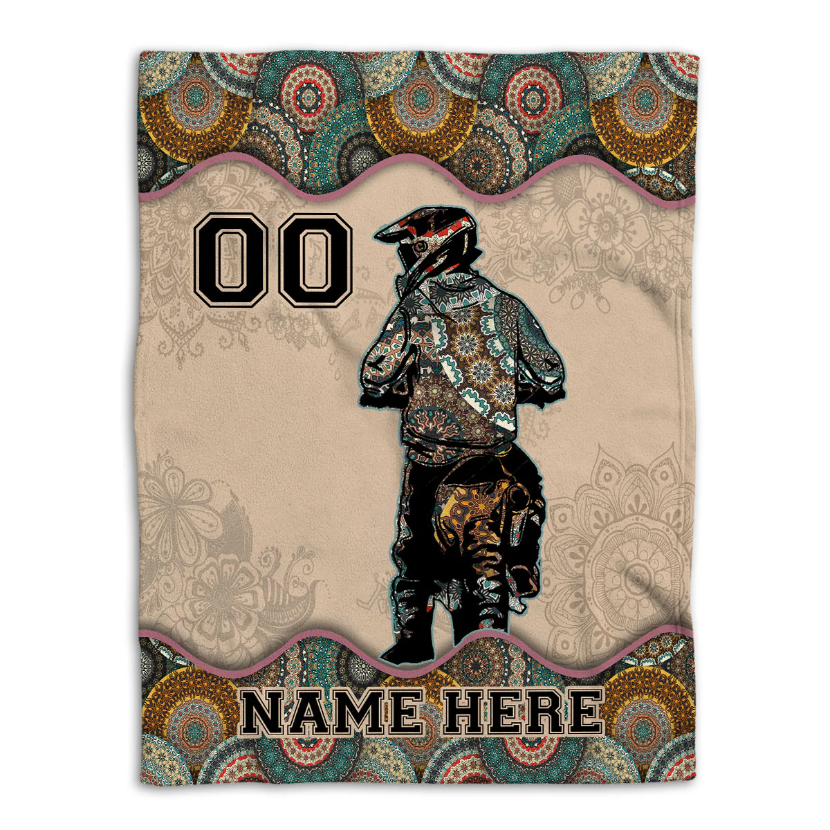 Personalized Mandala Pattern Motocross Rider Custom Name & Number Throw Blanket