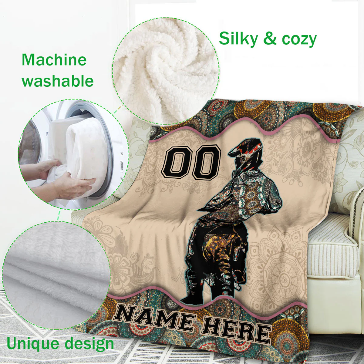 Personalized Mandala Pattern Motocross Rider Custom Name & Number Throw Blanket