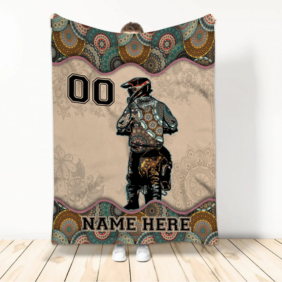 Personalized Mandala Pattern Motocross Rider Custom Name & Number Throw Blanket