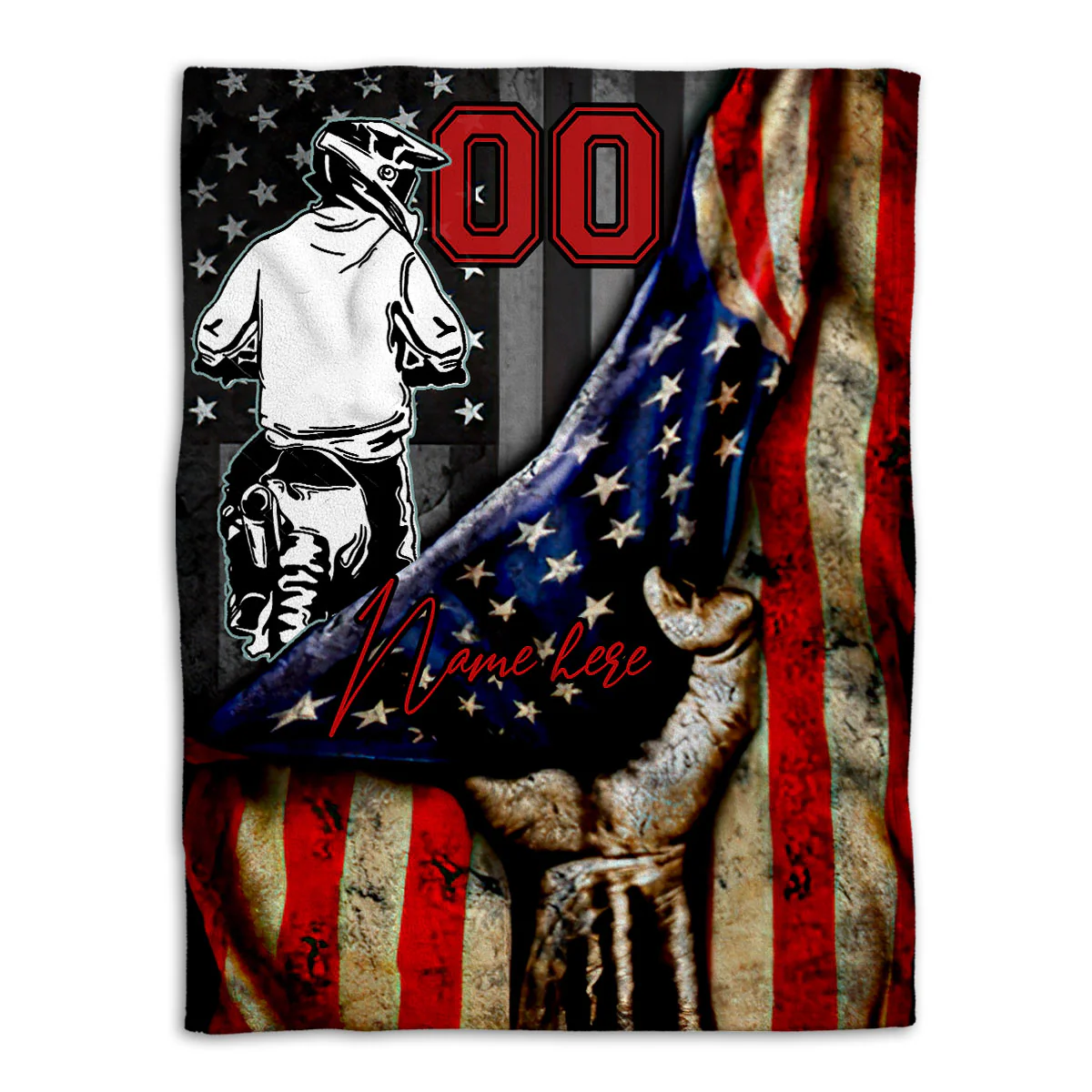 Personalized American Flag Biker Custom Name & Race Number Throw Blanket