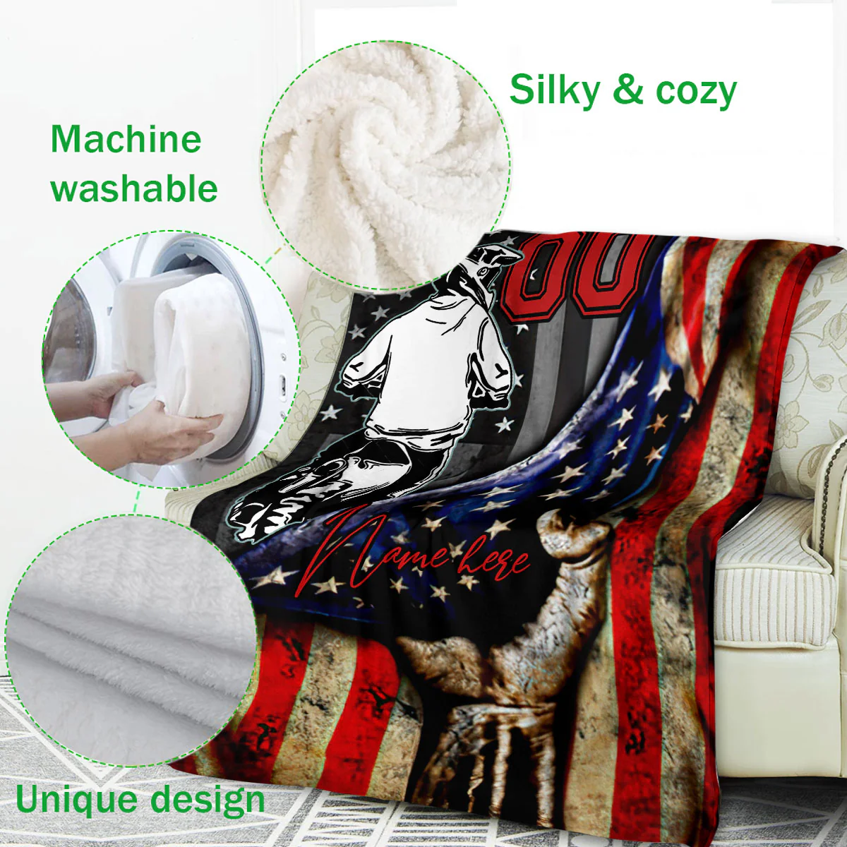 Personalized American Flag Biker Custom Name & Race Number Throw Blanket