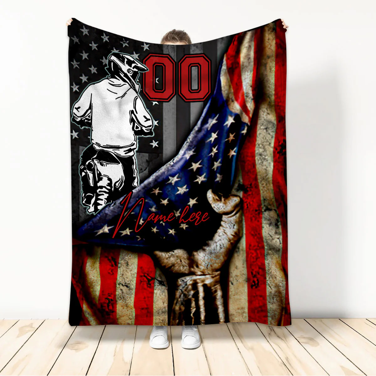 Personalized American Flag Biker Custom Name & Race Number Throw Blanket