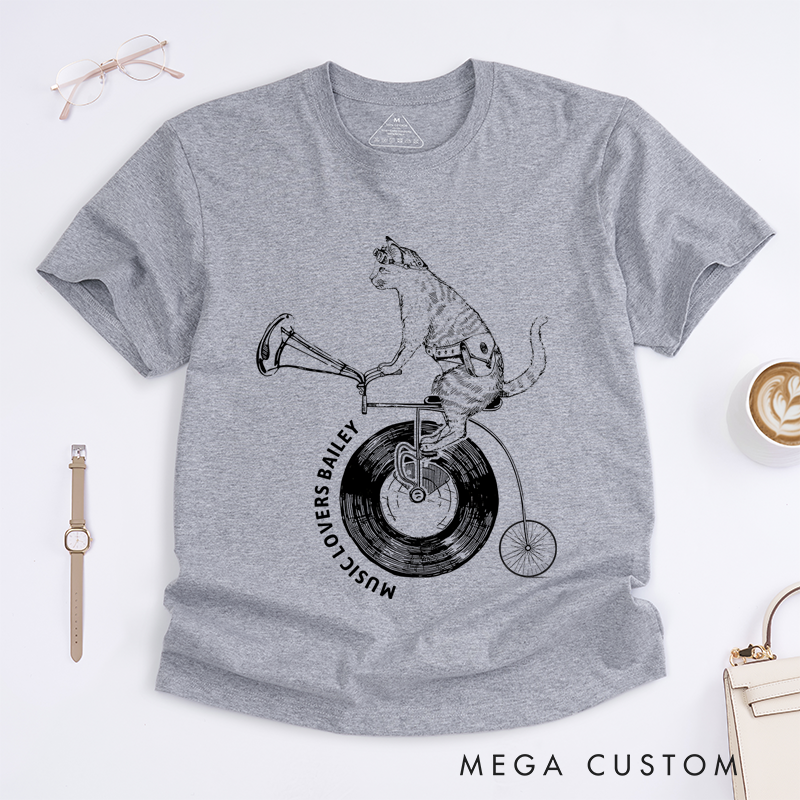 Personalized Classic T-Shirts Cat on Vinyl Bicycle and Quirky Music and Cycling Graphic Tee Perfect for Animal and Music Lovers Gift