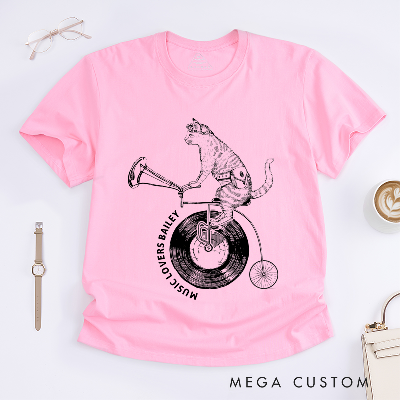 Personalized Classic T-Shirts Cat on Vinyl Bicycle and Quirky Music and Cycling Graphic Tee Perfect for Animal and Music Lovers Gift