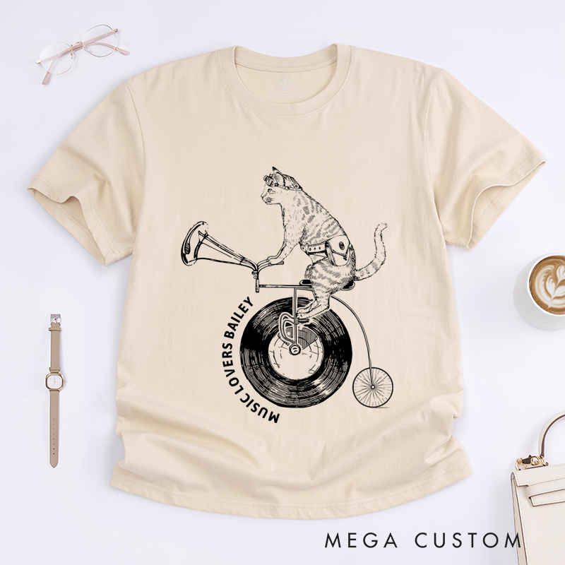 Personalized Classic T-Shirts Cat on Vinyl Bicycle and Quirky Music and Cycling Graphic Tee Perfect for Animal and Music Lovers Gift